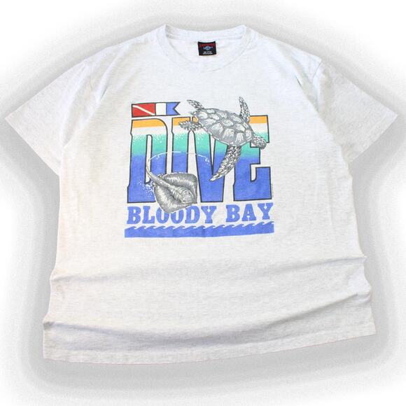 Grey 90's Vintage Sea Turtle "Dive Bloody Bay" Graphic Tee - Picture 1 of 6